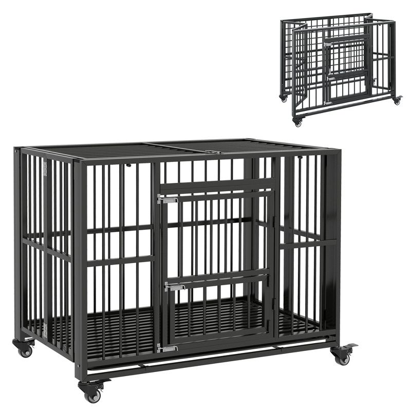 PawHut 43" Heavy Duty Dog Crate, Steel Foldable Dog Crate with 4 Lockable Wheels, Openable Top, Removable Trays for Medium and Large Dogs, Black, 1 of 7