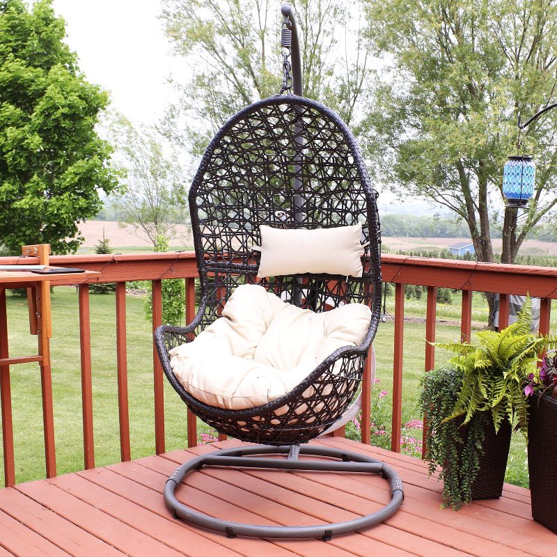 Sunnydaze Outdoor Resin Wicker Patio Cordelia Hanging Basket Egg Chair Swing with Cushion, Headrest, and Steel Stand Set- 3pc, 5 of 16