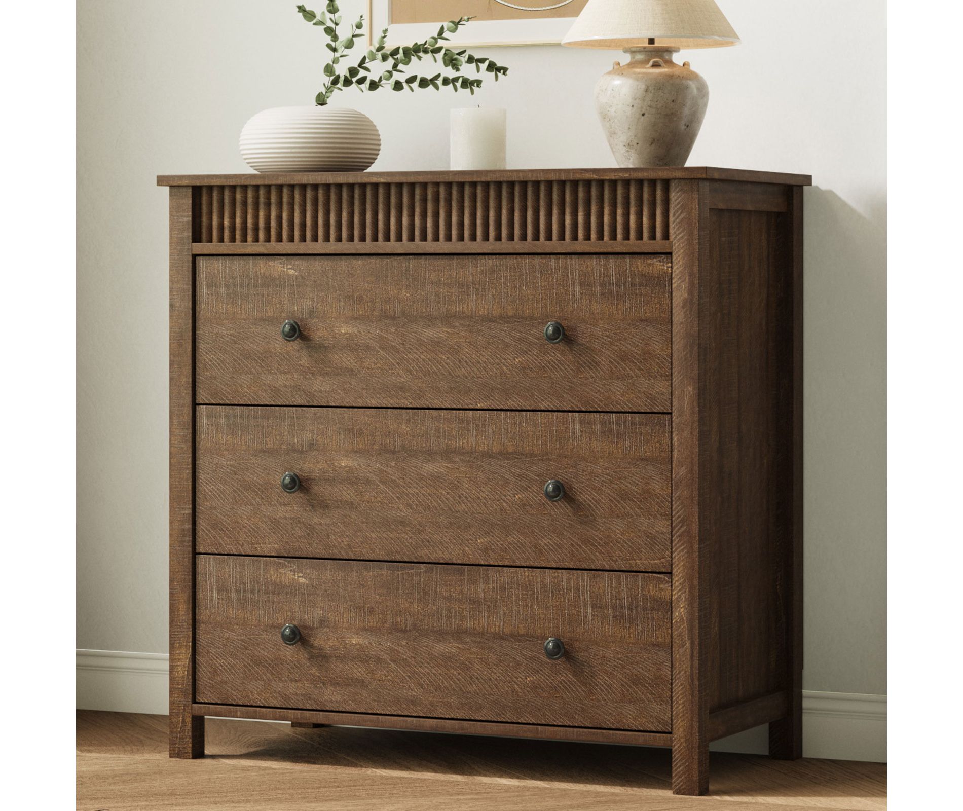 Fluted 3 Drawer Dresser, Walnut 3 Chest of Drawers Nightstand with Fluted Design, 32" Tall Wooden Dresser Closet for Bedroom Living Room Nursery