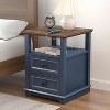 Dyonery Farmhouse Nightstand 18" Blue End Table 2-piece with Charging Station 2 Drawers Storage Open Shelf, for Bedroom, Living Room, White - 3 of 4