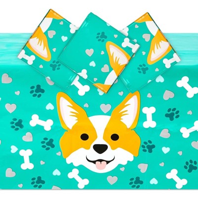 Sparkle and Bash 3 Pack Corgi Tablecloth for Dog Birthday Party (Green, 54 x 108 Inches)