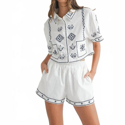 Women's Embroidered Button Cropped Set - MABLE