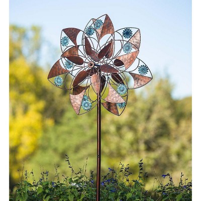 Plow & Hearth Blue Daisies Copper Flower Metal Wind Spinner