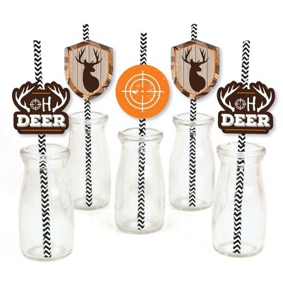 Big Dot of Happiness Gone Hunting - Paper Straw Decor - Deer Hunting Camo Baby Shower or Birthday Party Striped Decorative Straws - Set of 24