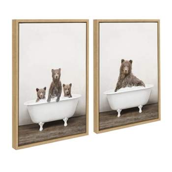 Kate and Laurel Sylvie Three Bears Rustic Bubble Bath and Bear Rustic Bubble Bath Framed Canvas by Amy Peterson Art Studio, 2 Piece 18x24, Natural