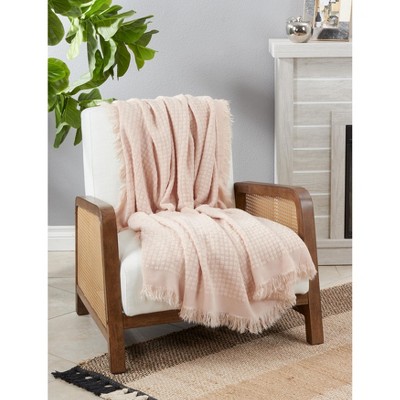 Charming Pink Cotton Waffle Weave Throw Blanket with Fringe Accents