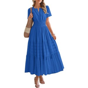 Women's 2025 Summer Casual Midi & Maxi Dress - Lightweight V-Neck Boho Beach Dress with Elastic Waist & Pockets Blue - 1 of 4