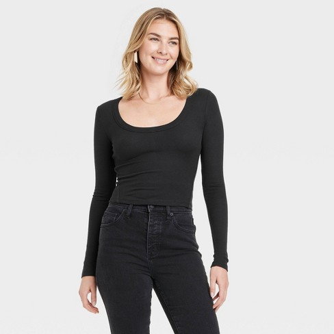 Women's Ribbed Long Sleeve Scoop Neck T-Shirt - Universal Thread™ Black XS