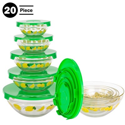 20-Piece Lemon Design Glass Bowls with Green Lids Set