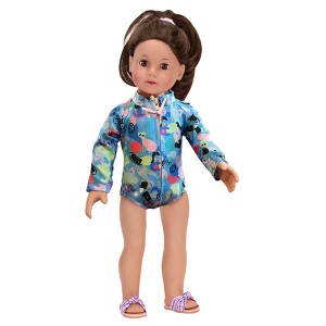 Sophia’s Colorful Collage Print Long Sleeve Rash Guard Swimsuit for 18" Dolls, Blue - 1 of 4