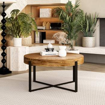 33.86" Modern Retro Splicing Round Coffee Table,Fir Wood Table Top with Cross Legs Base - ModernLuxe