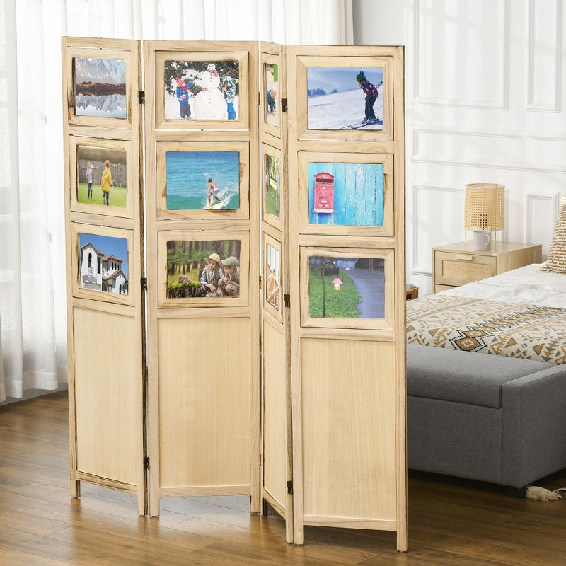 HOMCOM 5.6ft Tall Wood 4 Panel Room Divider Folding Privacy Screens w/ Photo Frames, Natural, 2 of 7