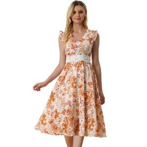 Allegra K Women's Regular Fit V Neck Lace Insert Waist Midi Floral Sundresses - 1 of 4