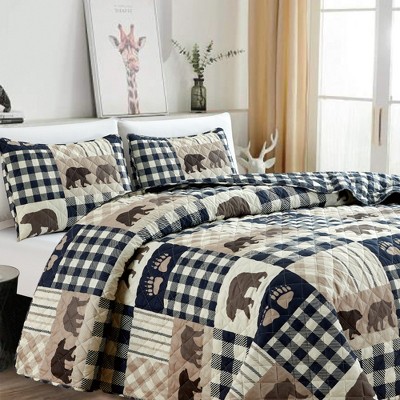 Navy Twin Reversible Microfiber Bear Lodge Quilt Set