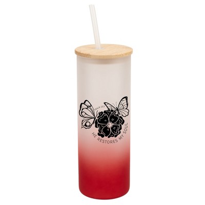 Elanze Designs He Restores My Soul Butterfly Wrap-Around Design 25 Ounce Frosted Gradient Glass On-The-Go Coffee Travel Skinny Tumbler Mug Cup, Bamboo