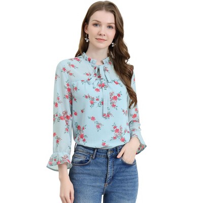 Allegra K Women's Ruffle Collar 3/4 Sleeve Tie Neck Chiffon Floral Blouse