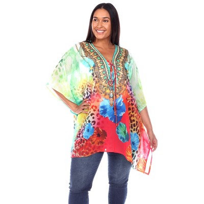 Plus Size Short Caftan with Tie-up Neckline - One Size Fits Most Plus - White Mark