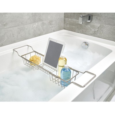 Satin Nickel Adjustable Freestanding Bathtub Caddy with Dual Compartments