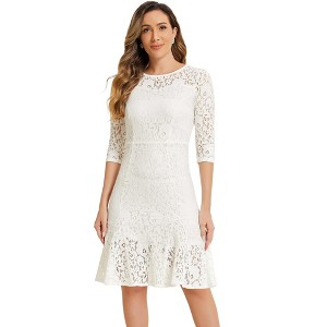 Allegra K Women's Elegant 3/4 Sleeves Ruffles Bodycon Fishtail Lace Midi Dress - 1 of 4