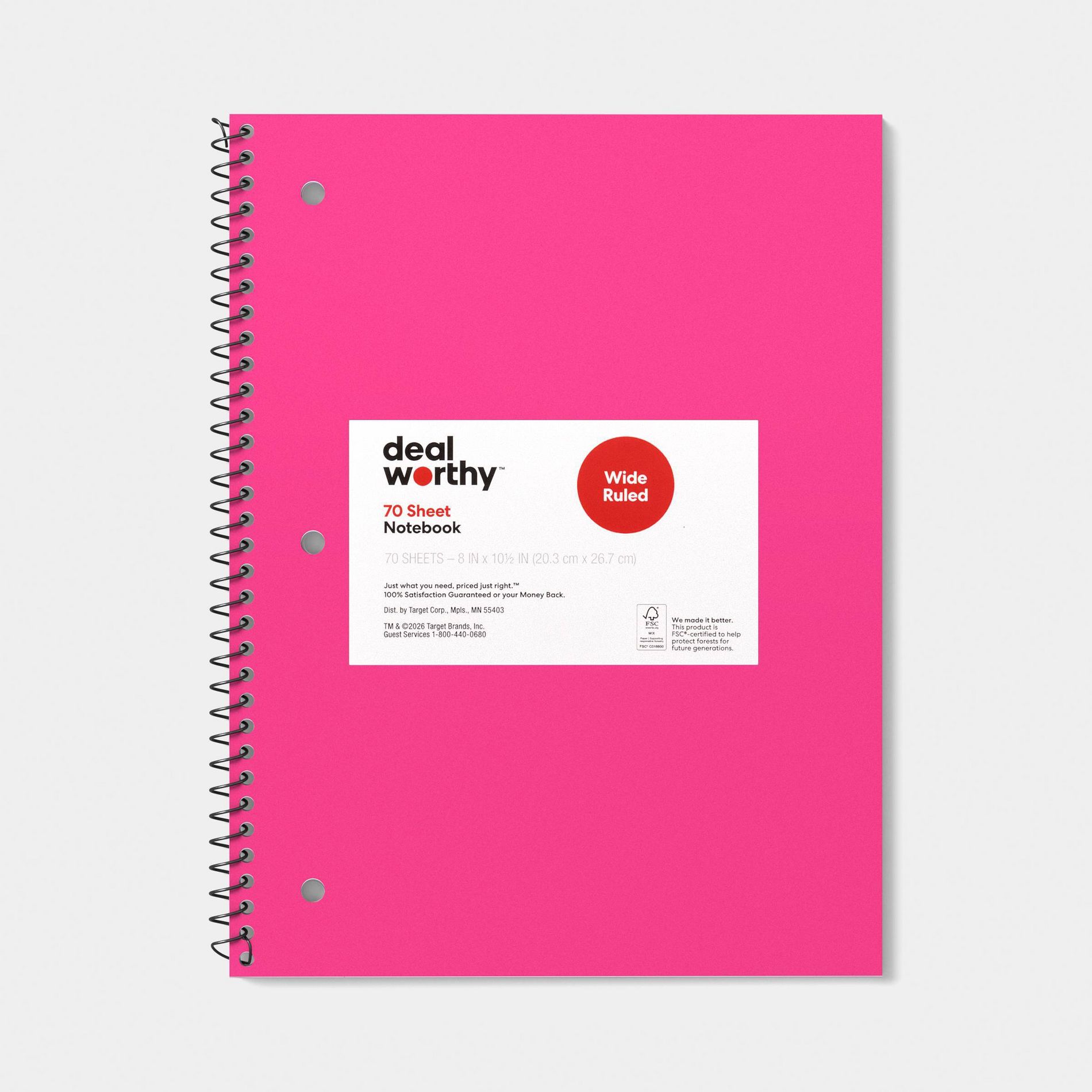 1 Subject 7.5"x10.5" Spiral Notebook Wide Rule Pink - Dealworthy™