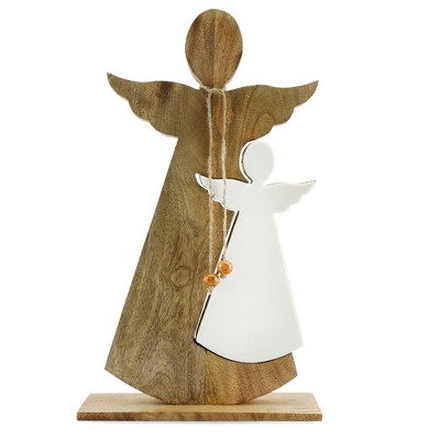 AuldHome Design Wood Enamel Nesting Angel Statue; Primitive Farmhouse Christmas Decor Figurine