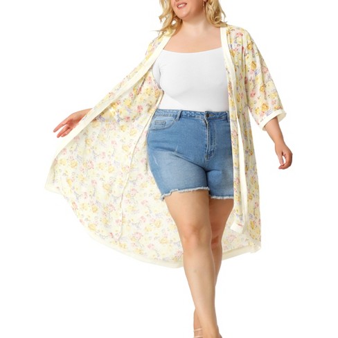 Agnes Orinda Women's Plus Size Floral Chiffon Holiday Midi Cardigans White  2X