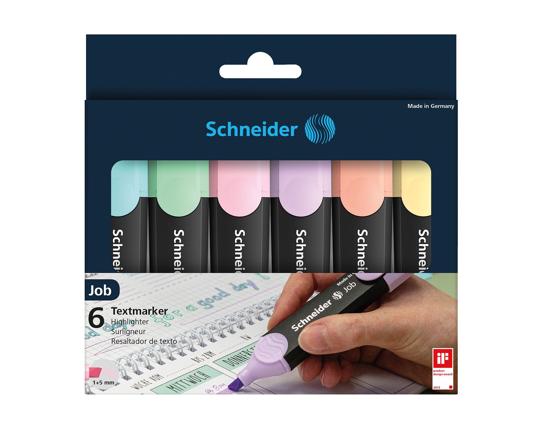 Schneider® Job Pastel Highlighter, 1 + 5 mm Chisel Tip, 6 Assorted Ink Colors (Turquoise, Mint, Lavender, Light Pink, Peach, Vanilla)