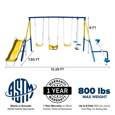 Blue and Yellow Metal Swing Set with Slide and Glider