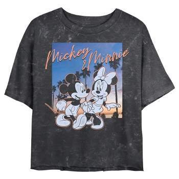 Juniors Womens Mickey & Friends Sunset Palm Trees Mickey and Minnie Mineral Wash Crop T-Shirt