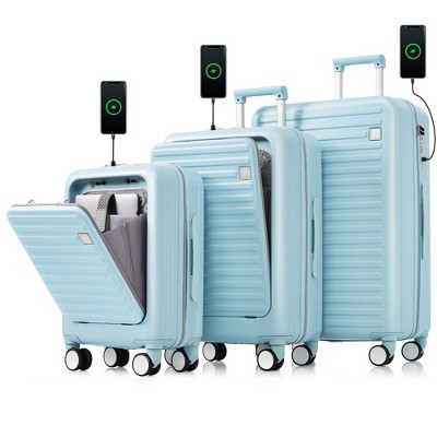 YONWAY Luggage Set of 3, with USB Port, with front opening design, ABS Hard Shell Luggage, Carry on Luggage with Cup Holder