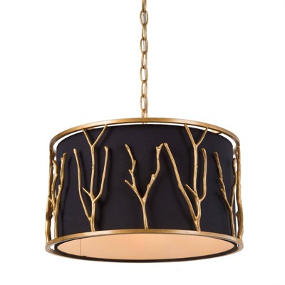 LNC Unique 4-Light 15.5" Modern Drum Small Chandelier,Antique Brass with Black Fabric Shade