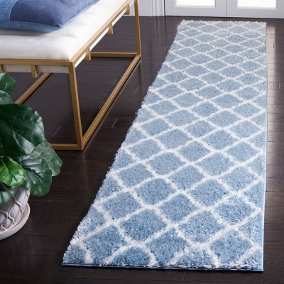 Blue and White Synthetic Shag Runner Rug 2 x 9 ft