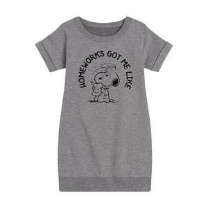 - Peanuts - Homeworks Got Me Like Graphic Short Sleeve Fleece Dress - 1 of 4