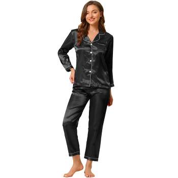 Allegra K Women's Satin Sleepwear Button Down with Pants Halloween Pjs Lounge Pajama Set Black X-Large