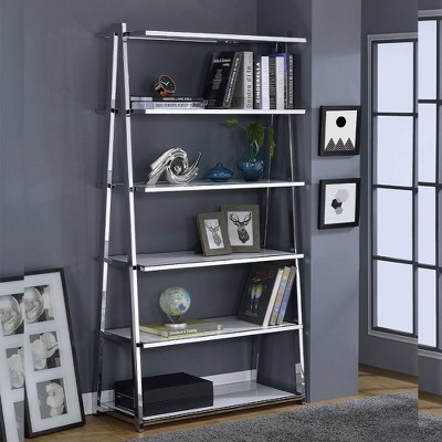 Ladder-Style White High Gloss & Chrome 71" Bookshelf