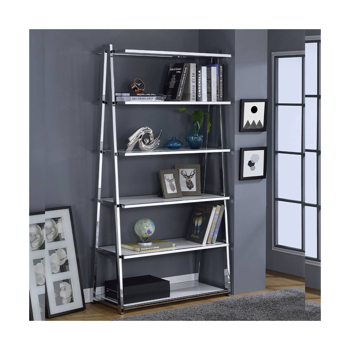 Acme Furniture 71" Coleen Decorative Bookshelf White High Gloss/Chrome Finish - thumbnail 2