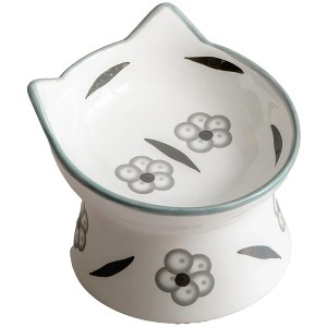 Dexypaws: Elevated Ceramic Cat Bowl, Floral White & Black, 7oz, Pet Feeding Dish - 1 of 4