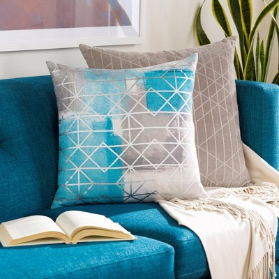 Modern Square Accent Pillow with Gray and Blue Geometric Design