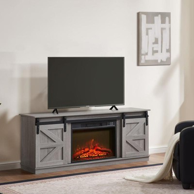 Aukfa Distressed Fireplace TV Stand for TVs up to 65-Inch, with Sliding Barn Doors, Cabinets & Storage Shelves