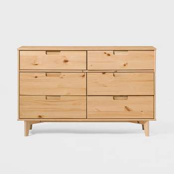 Mid-Century Modern Groove Wood 6 Drawer Dresser Natural Pine - Saracina Home
