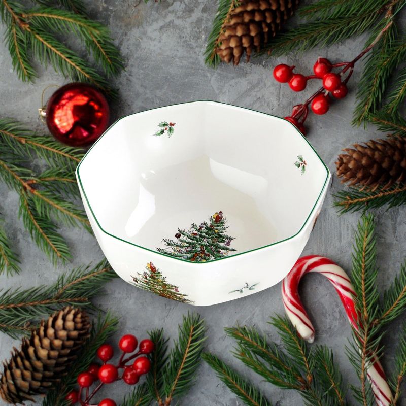 Spode Christmas Tree Octagonal Bowl, 8 Inch Serving Bowl for Salad, Fruit, Pasta and Side Dishes, 3 of 6