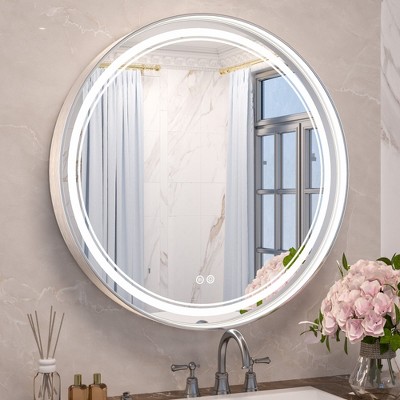 Keonjinn Metal Framed LED Round Frontlit Bathroom Vanity Wall Mirror, 3 Color Temperatures Dimmable, Anti-Fog