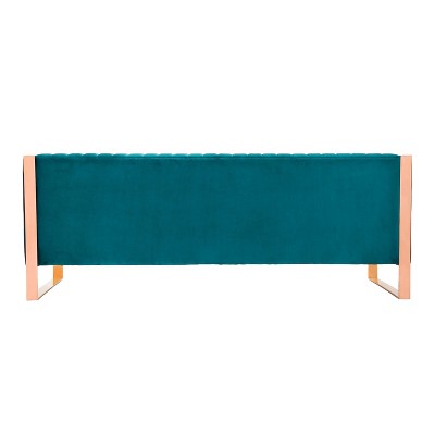 Aqua Blue Velvet and Rose Gold Metal 3-Seater Sofa