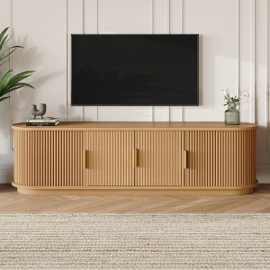 LOVSON Rustic-style wooden TV cabinet with sliding louvered doors and storage compartments, accommodates TVs up to 75 inches, natural - 1 of 4