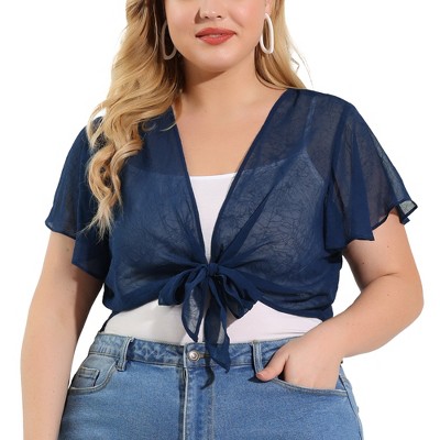 Agnes Orinda Women's Plus Size Sheer Mesh Tie Front Crop Shrugs