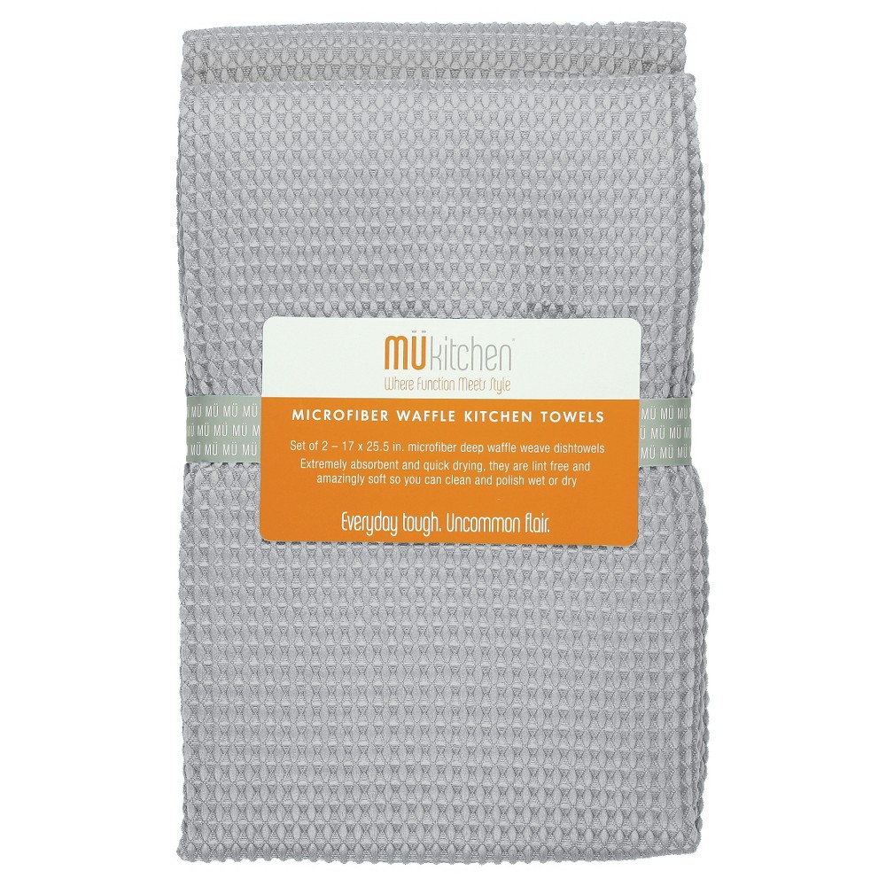 2pk Waffle Microfiber Kitchen Towels Light Gray - MU Kitchen: Absorbent Hand Drying Cloths, Machine Washable