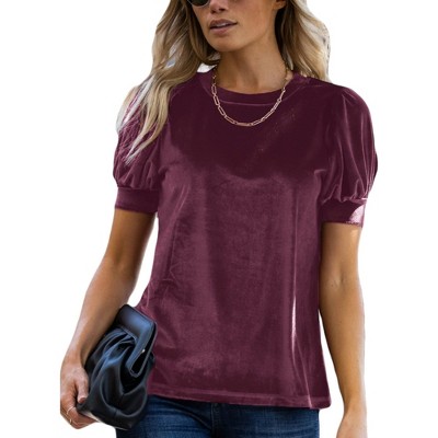 Amaryllis Women's Short-Sleeve Velvet Puff Sleeve Top Elegant Crew Neck  Texture