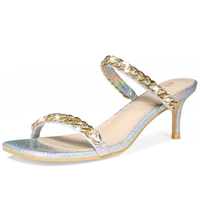 Perphy Women's Snakeskin Printed Square Toe Chain Stiletto Heels Slide Sandals