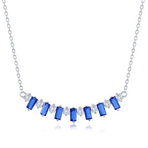 Bella Silver Sterling Silver Baguette CZ Bar Necklace - Sapphire - Blue - 16+2 Inch - 1 of 2