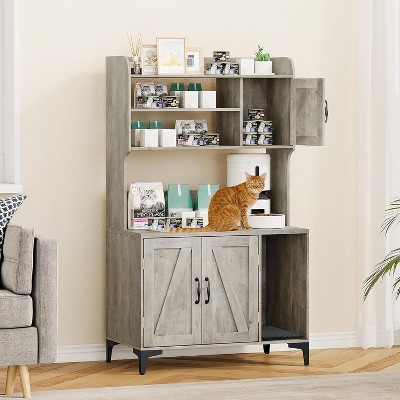 Hidden Cat Litter Box Furniture - Wooden Enclosure with Storage Shelves